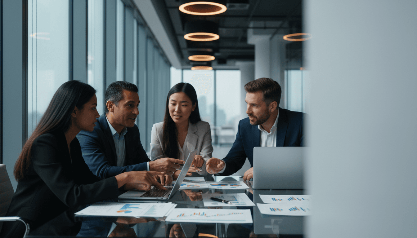 Blueprint Scaling team collaborating around conference table with growth strategy documents and metrics
