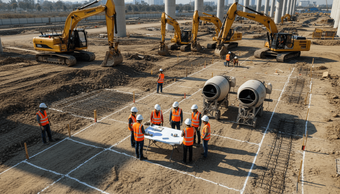 Wide overhead view of active construction site with workers, heavy machinery, and coordinated equipment operation